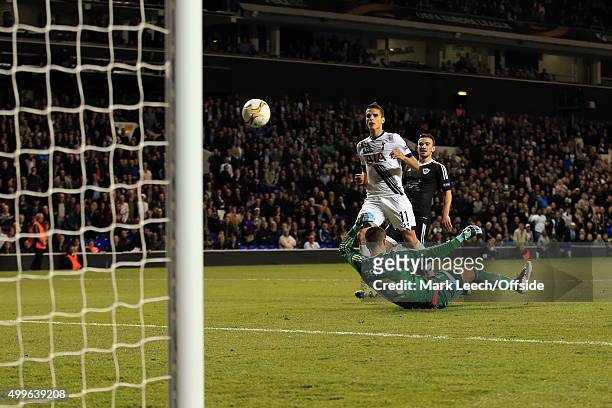 Erik Lamela of Tottenham Hotspur sores the 3rd goal during the UEFA Europa League match between Tottenham Hotspur FC and Qarabag FK on September 17,...