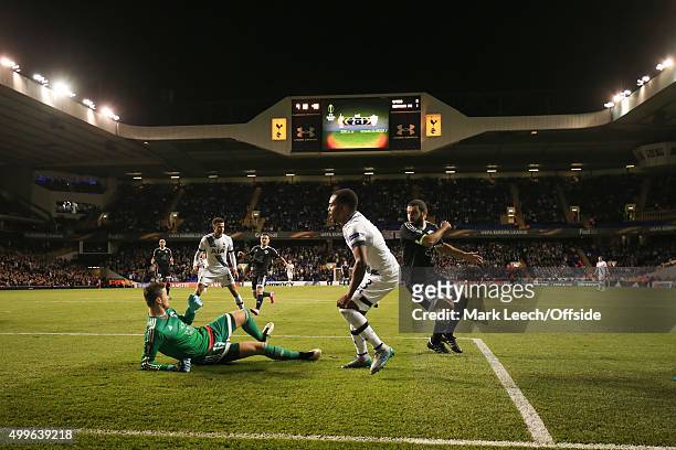 Danny Rose of Tottenham Hotspur sees an effort saved by Ibrahim Sehic of Qarabag during the UEFA Europa League match between Tottenham Hotspur FC and...