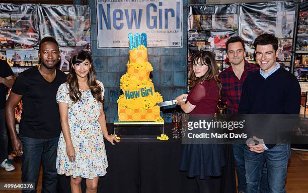 Actors Lamorne Morris, Hannah Simone, Zooey Deschanel, Jake Johnason and Max Greenfield attend FOX's 'New Girl' 100th Episode Cake Cutting' held at...