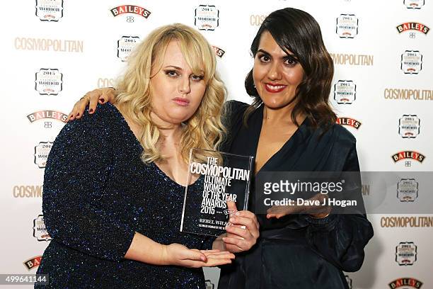 Rebel Wilson and Farrah Storr pose for a photo with the award for Ultimate Women during the Cosmopolitan Ultimate Women Of The Year Awards at One...