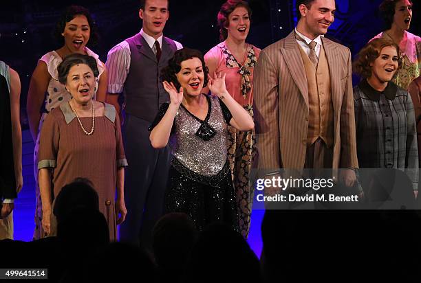 Cast members including Marilyn Cutts, Sheridan Smith and Darius Campbell bow at the curtain call during the press night after party for "Funny Girl"...