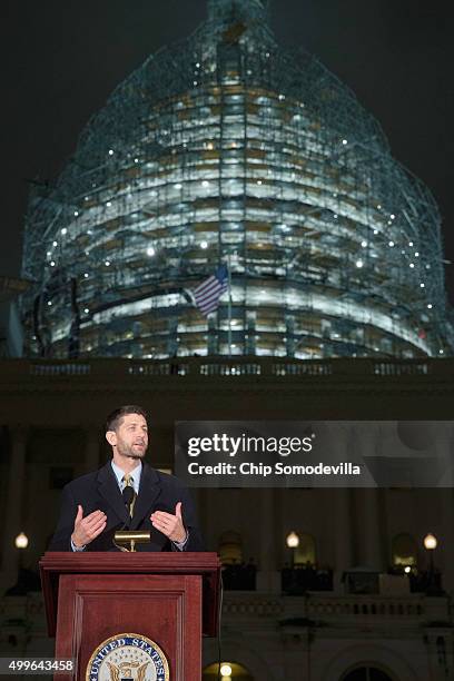 House Speaker Paul Ryan delivers remarks during the lighting ceremony of the Capitol Christmas tree on the west front of the U.S. Capitol December 2,...