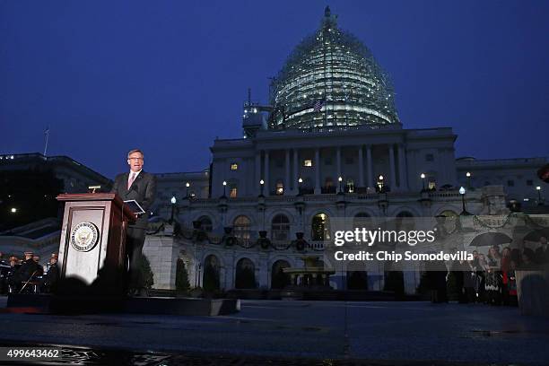 Architect of the Capitol Stephen Ayers delivers remarks during the Capitol Christmas tree lighting ceremony on the west front of the U.S. Capitol...