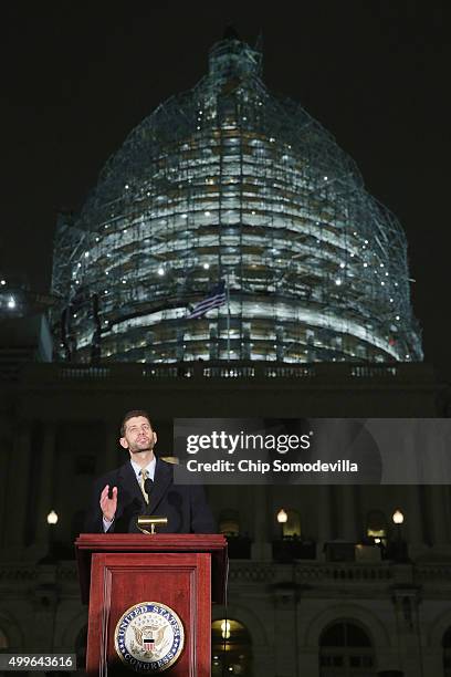 Speaker of the House Paul Ryan speaks during the Capitol Christmas tree lighting ceremony on the West Front of the U.S. Capitol December 2, 2015 in...