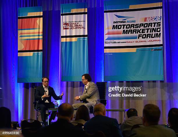 Chief Operating Office Brent Dewar and SportsBusiness Journal executive editor Abe Madkour attend the 16th DAYTONA Rising NASCAR Motorsports...