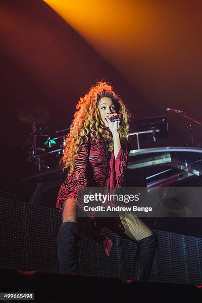 Jillian Hervey of Lion Babe performs on stage at Alexandra Palace on December 2, 2015 in London, England.