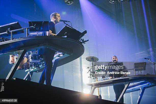 Guy Lawrence and Howard Lawrence of Disclosure performs on stage at Alexandra Palace on December 2, 2015 in London, England.