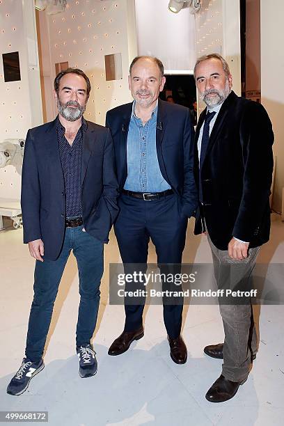 Actors Bruno Solo, Jean-Pierre Darroussin and Antoine Dulery attend 'Vivement Dimanche' French TV Show at Pavillon Gabriel on December 2, 2015 in...