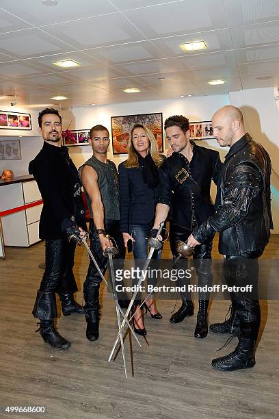Damien Sargue, Brahim Zaibat, Producer Nicole Coullier, Olivier Dion and David Ban present the New Musical Comedy 'Les 3 mousquetaires' during...