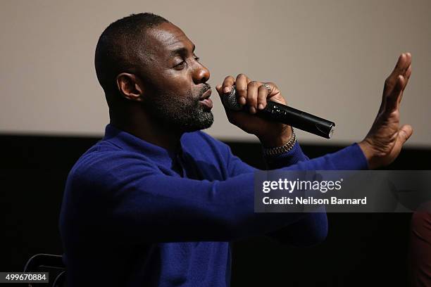 Actor Idris Elba speaks on stage after BBC America's 'Luther' screening at The Django at the Roxy Hotel on December 2, 2015 in New York City.