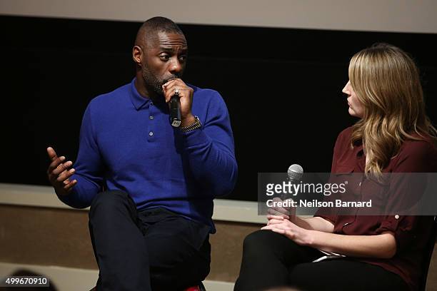 Actor Idris Elba speaks on stage after BBC America's 'Luther' screening at The Django at the Roxy Hotel on December 2, 2015 in New York City.