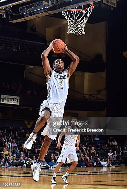 Joe Toye of the Vanderbilt Commodores jumps up to make a dunk against the Detroit Titans during the second half at Memorial Gym on December 2, 2015...