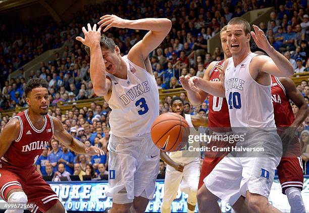 Grayson Allen of the Duke Blue Devils reacts after being fouled by James Blackmon Jr. #1 of the Indiana Hoosiers during their game at Cameron Indoor...