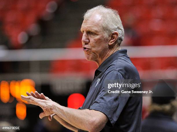 Former NBA player Bill Walton is shown before a game between the Brigham Young Cougars and the Utah Utes where he's announcing for the Pac-12 Network...