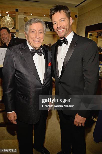 Tony Bennett and Harry Connick Jr. Pose backstage during "Sinatra 100: An All-Star GRAMMY Concert" celebrating the late Frank Sinatra's 100th...