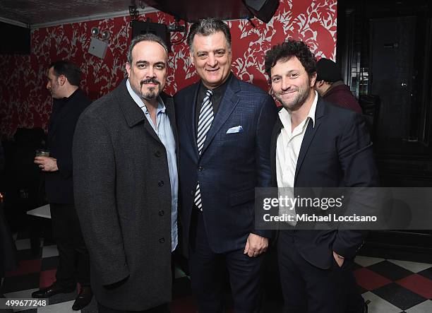 Actors David Zayas, Joseph Siravo and Daniel Sauli attend the after party for "The Wannabe" New York premiere at Southside on December 2, 2015 in New...