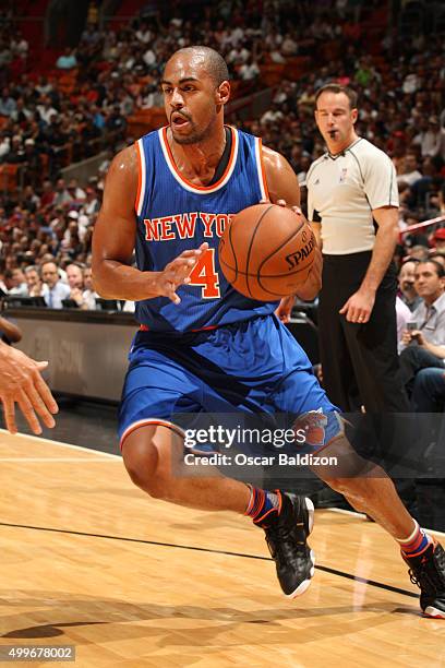 Arron Afflalo of the New York Knicks drives to the basket against the Miami Heat on November 23, 2015 at American Airlines Arena in Miami, Florida....