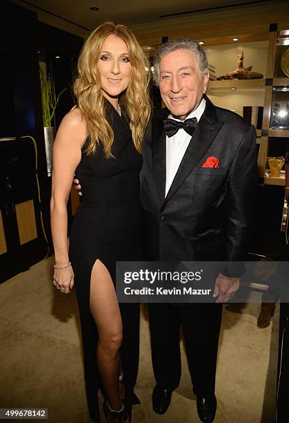 Singers Celine Dion and Tony Bennett pose backstage during "Sinatra 100: An All-Star GRAMMY Concert" celebrating the late Frank Sinatra's 100th...