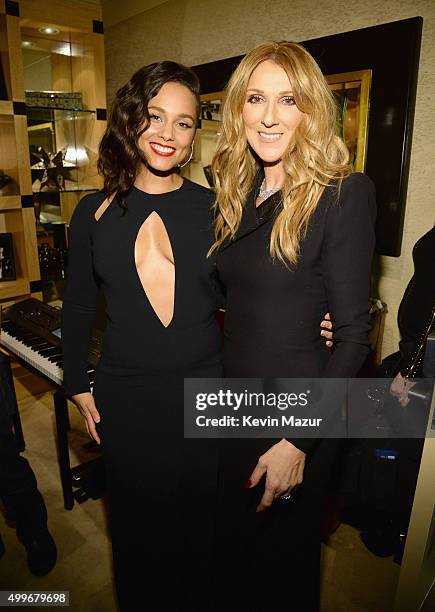 Alicia Keys and Celine Dion pose backstage during "Sinatra 100: An All-Star GRAMMY Concert" celebrating the late Frank Sinatra's 100th birthday at...