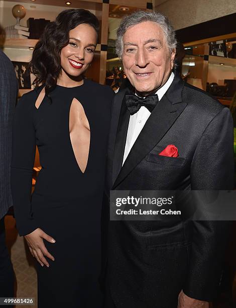 Recording artists Alicia Keys and Tony Bennett pose backstage during "Sinatra 100: An All-Star GRAMMY Concert" celebrating the late Frank Sinatra's...