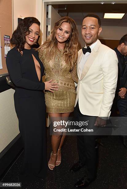 Singer Alicia Keys, model Chrissy Teigen and singer John Legend pose backstage during "Sinatra 100: An All-Star GRAMMY Concert" celebrating the late...