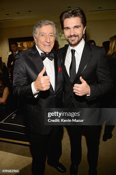 Singer Tony Bennett and recording artist Juanes pose backstage during "Sinatra 100: An All-Star GRAMMY Concert" celebrating the late Frank Sinatra's...