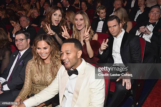 Model Chrissy Teigen, singer Katharine McPhee, model Behati Prinsloo, singer John Legend and singer Adam Levine attend "Sinatra 100: An All-Star...