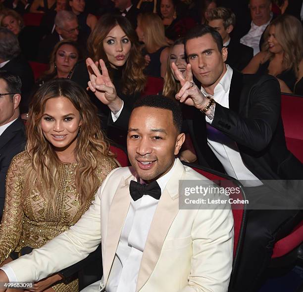 Model Chrissy Teigen, singer Katharine McPhee, model Behati Prinsloo, singer John Legend and singer Adam Levine attend "Sinatra 100: An All-Star...