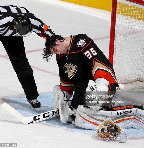 Referee Frederick L'Ecuyer checks on John Gibson of the Anaheim Ducks during the game against the Tampa Bay Lightning on December 2, 2015 at Honda...