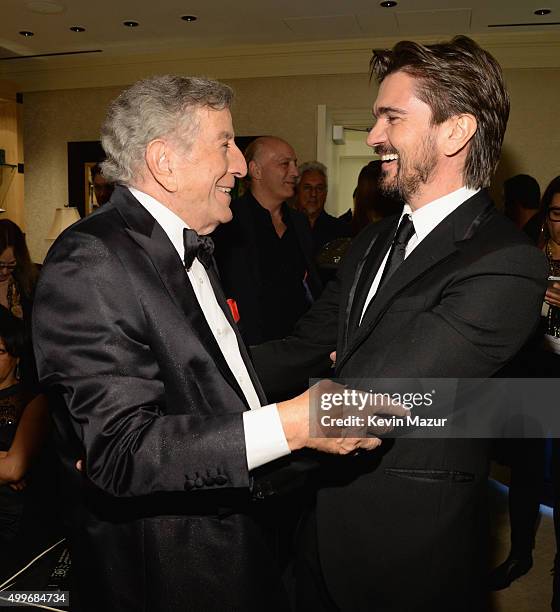 Singer Tony Bennett and recording artist Juanes pose backstage during "Sinatra 100: An All-Star GRAMMY Concert" celebrating the late Frank Sinatra's...