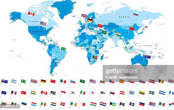 illustrations, cliparts, dessins animés et icônes de monde entier, vue très détaillée carte avec drapeau populaires - drapeaux monde