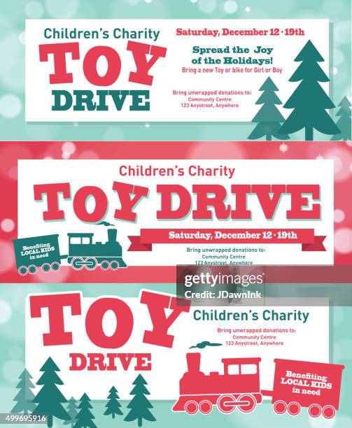 holiday charity toy drive veranstaltung zur spendenbeschaffung banner design retro-bokeh-design - wohltätigkeitsaktion stock-grafiken, -clipart, -cartoons und -symbole