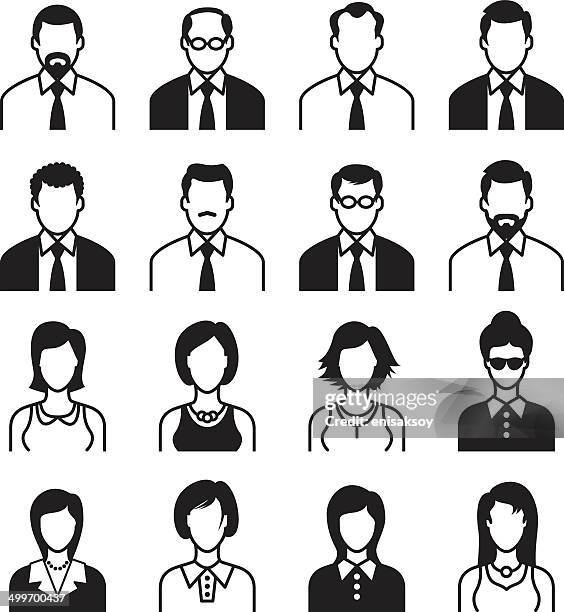 männer und frauen-icon-set, schwarz & weiß - business people portrait stock-grafiken, -clipart, -cartoons und -symbole