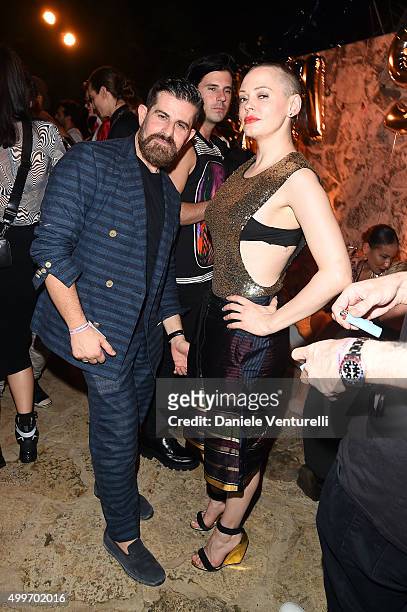 Salvo Nicosia and Rose McGowan attend Jeremy Scott Art Basel Party at the Surf Lodge At The Hall on December 2, 2015 in Miami Beach, Florida.