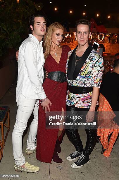 Peter Brant Jr., Paris Hilton and Jeremy Scott attend Jeremy Scott Art Basel Party at the Surf Lodge At The Hall on December 2, 2015 in Miami Beach,...