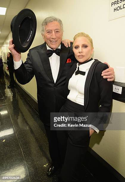 Tony Bennett and Lady Gaga pose backstage during "Sinatra 100: An All-Star GRAMMY Concert" celebrating the late Frank Sinatra's 100th birthday at the...