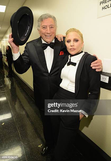 Tony Bennett and Lady Gaga pose backstage during "Sinatra 100: An All-Star GRAMMY Concert" celebrating the late Frank Sinatra's 100th birthday at the...