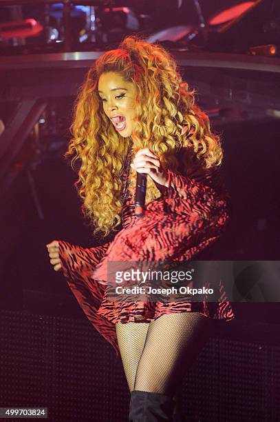 Jillian Hervey of Lion Babe performs at Alexandra Palace on December 2, 2015 in London, England.
