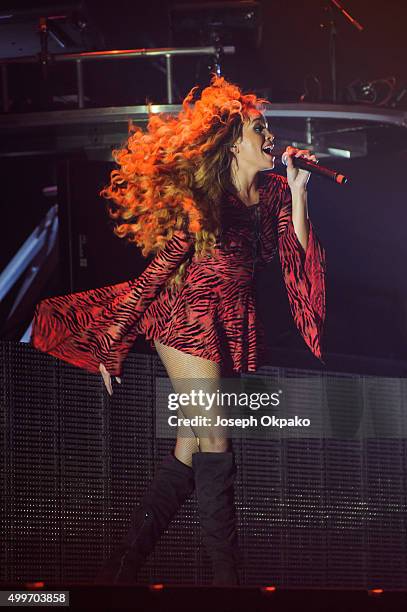 Jillian Hervey of Lion Babe performs at Alexandra Palace on December 2, 2015 in London, England.