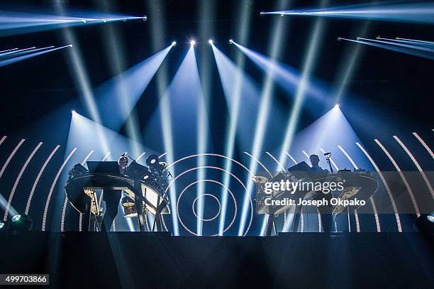 Guy Lawrence and Howard Lawrence of Disclosure perform at Alexandra Palace on December 2, 2015 in London, England.