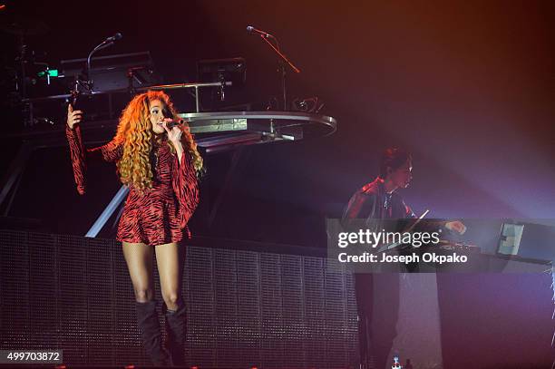 Jillian Hervey and Lucas Goodman of Lion Babe perform at Alexandra Palace on December 2, 2015 in London, England.