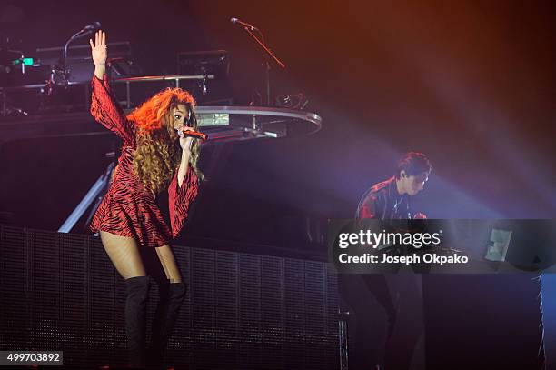 Jillian Hervey and Lucas Goodman of Lion Babe perform at Alexandra Palace on December 2, 2015 in London, England.