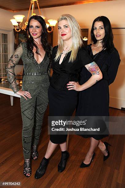 Janie Bryant, Melinda Lee Holm and Jessica Pare attend Jessica Pare and Janie Bryant host Melinda Lee Holm's jewelry preview on December 2, 2015 in...