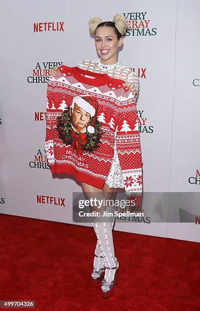 Singer/songwriter Miley Cyrus attends the "A Very Murray Christmas" New York premiere at Paris Theater on December 2, 2015 in New York City.