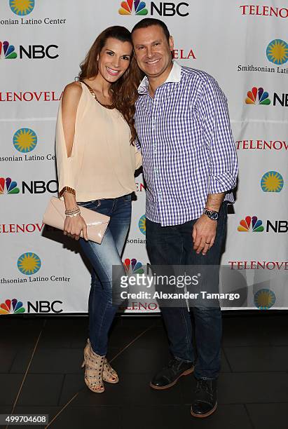 Cristina Bernal and Alan Tacher are seen at the 'Telenovela' Miami screening event Hosted By The Smithsonian at CineBistro Dolphin Mall on December...