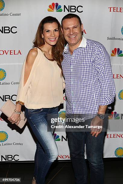 Cristina Bernal and Alan Tacher are seen at the 'Telenovela' Miami screening event Hosted By The Smithsonian at CineBistro Dolphin Mall on December...