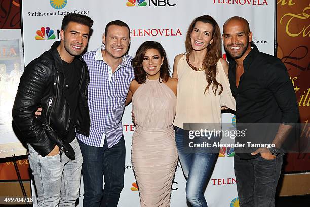 Jencarlos Canela, Alan Tacher, Eva Longoria, Cristina Bernal and Amaury Nolasco are seen at the 'Telenovela' Miami screening event Hosted By The...