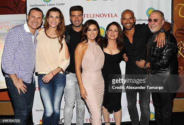 Alan Tacher, Cristina Bernal, Jencarlos Canela, Eva Longoria, Gloria Estefan, Amaury Nolasco and Emilio Estefan are seen at the 'Telenovela' Miami...