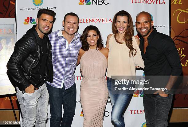 Jencarlos Canela, Alan Tacher, Eva Longoria, Cristina Bernal and Amaury Nolasco are seen at the 'Telenovela' Miami screening event Hosted By The...