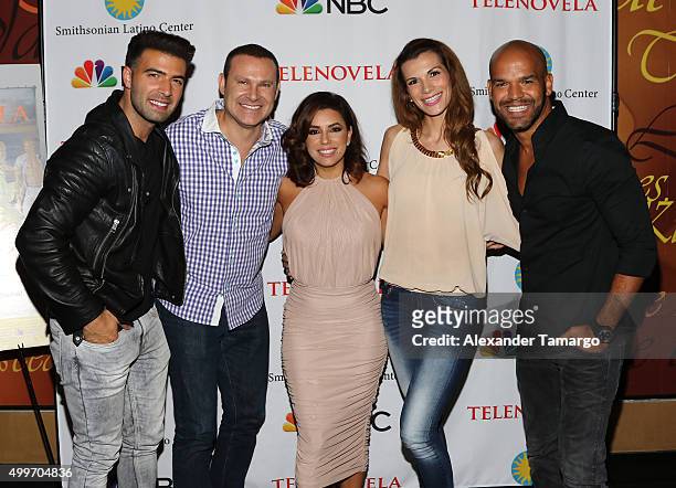 Jencarlos Canela, Alan Tacher, Eva Longoria, Cristina Bernal and Amaury Nolasco are seen at the 'Telenovela' Miami screening event Hosted By The...